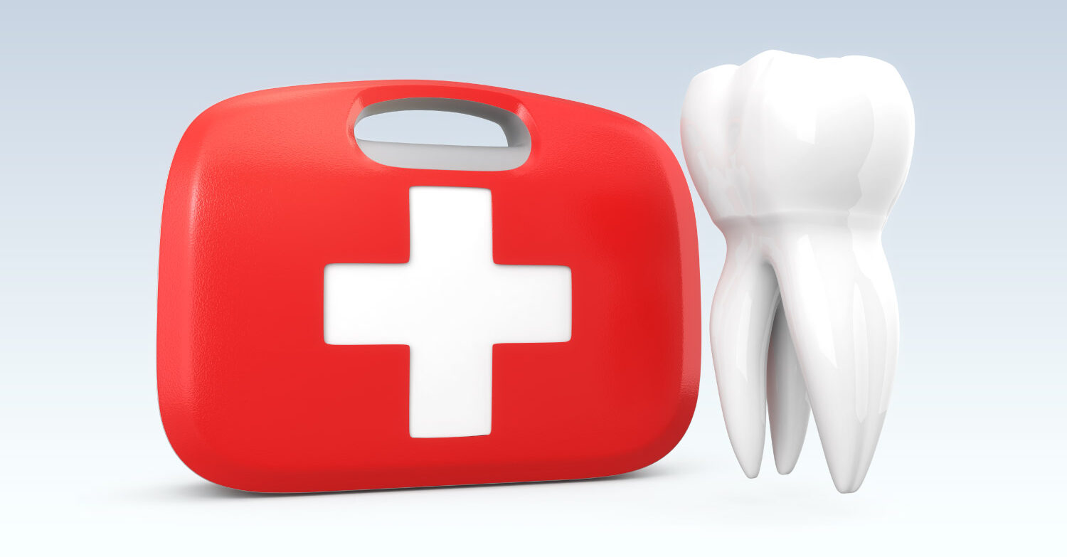 Red first aid kit next to a tooth to indicate a dental emergency that needs urgent treatment