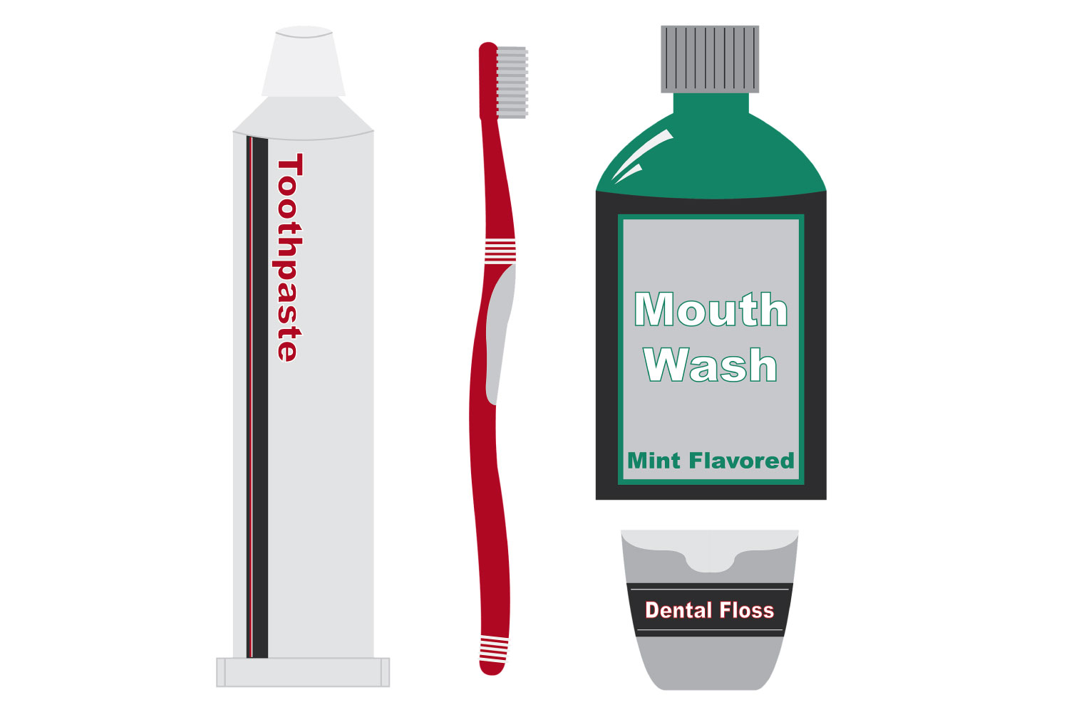 Oral care products including toothpaste, toothbrush, floss & mouthwash.