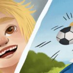 Cartoon of a child with a chipped tooth after getting hit with a soccer ball.