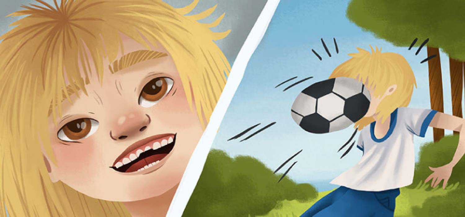 Cartoon of a child with a chipped tooth after getting hit with a soccer ball.