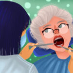 Cartoon of a woman getting a dental cleaning.