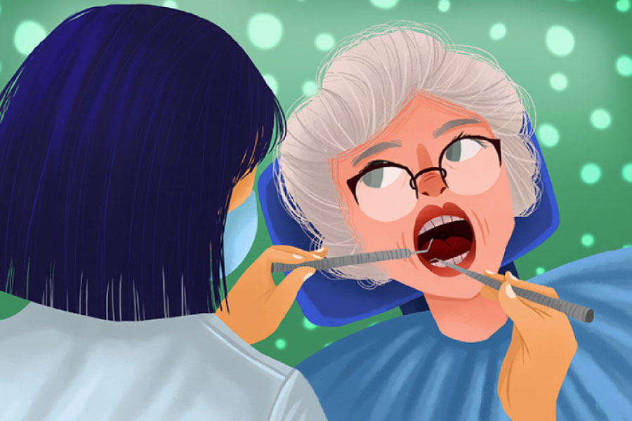 Cartoon of a woman getting a dental cleaning.