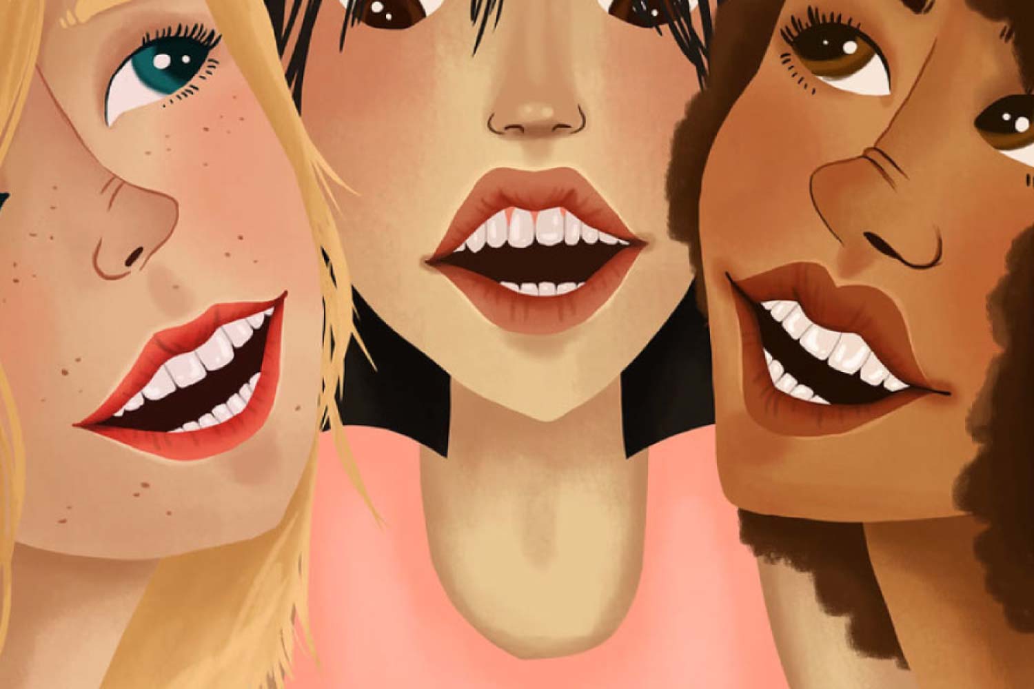 Three smiling cartoon women with dental veneers.