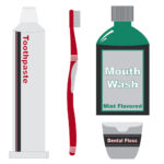 Graphic showing oral care products: toothpaste, toothbrush, floss & mouthwash.