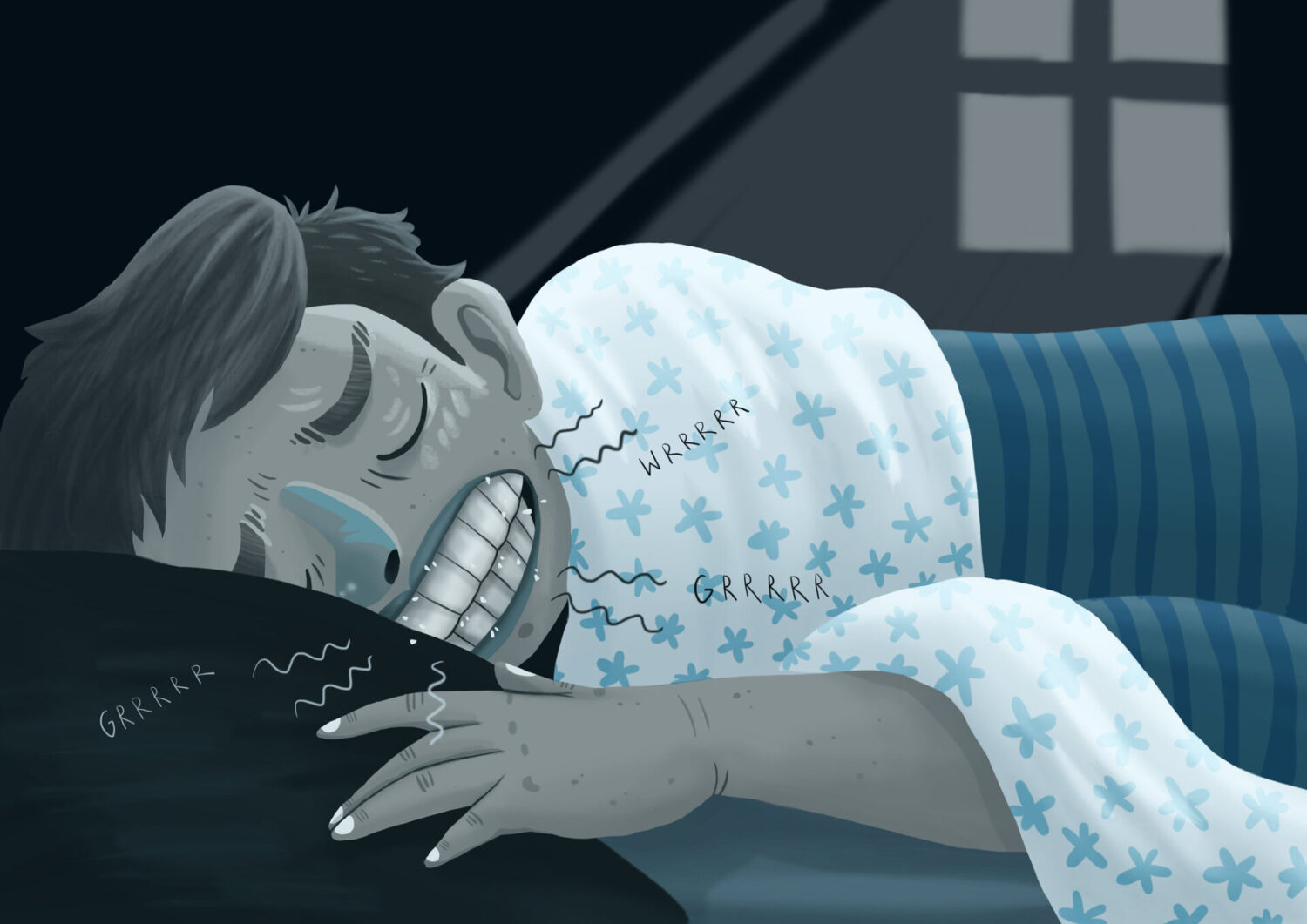 man grinding his teeth, or bruxism, at night, can invisalign help